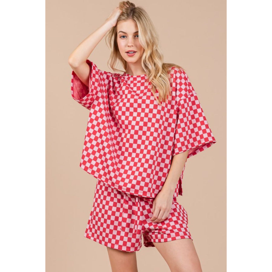 Ces Femme Checkered Round Neck Top and Shorts Set Apparel and Accessories