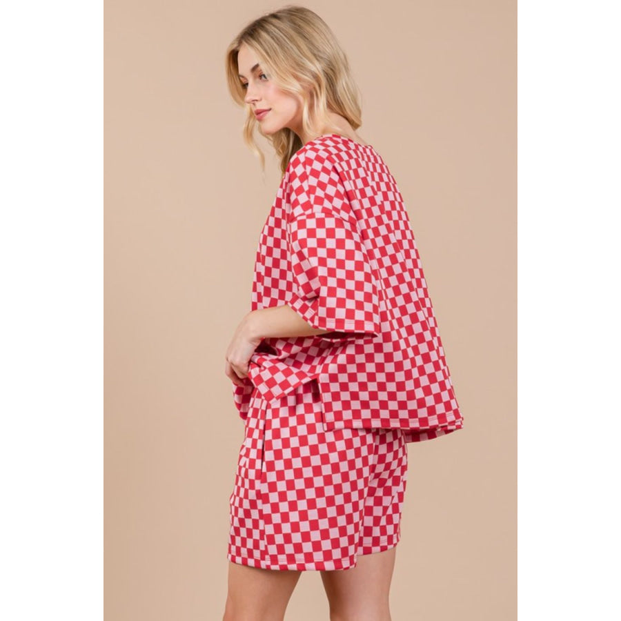 Ces Femme Checkered Round Neck Top and Shorts Set Apparel and Accessories