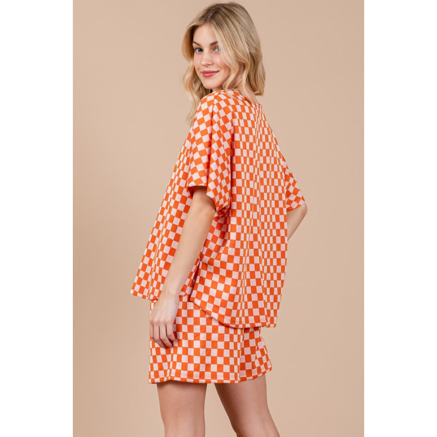 Ces Femme Checkered Round Neck Top and Shorts Set Apparel and Accessories