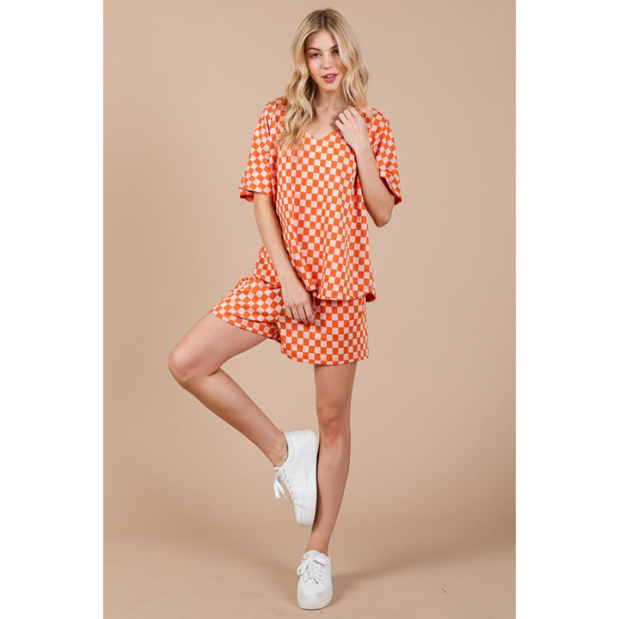 Ces Femme Checkered Round Neck Top and Shorts Set Apparel and Accessories