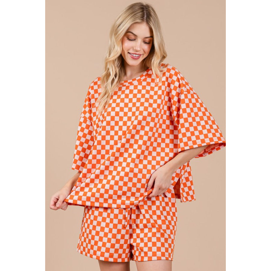 Ces Femme Checkered Round Neck Top and Shorts Set Apparel and Accessories