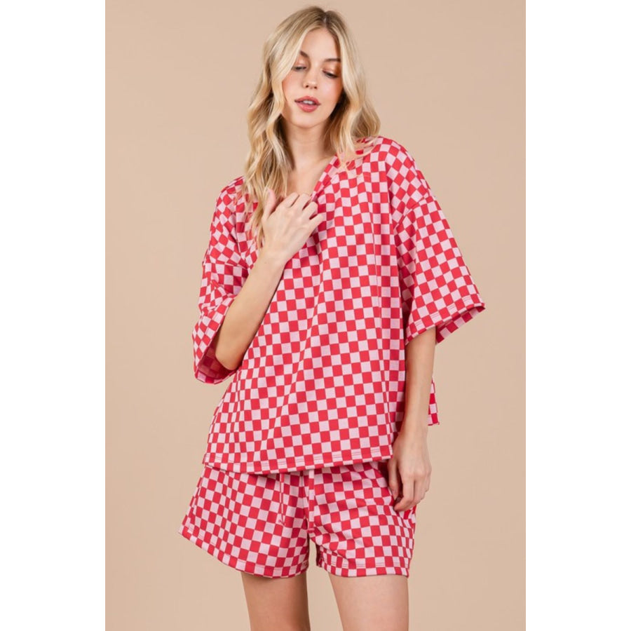 Ces Femme Checkered Round Neck Top and Shorts Set Apparel and Accessories