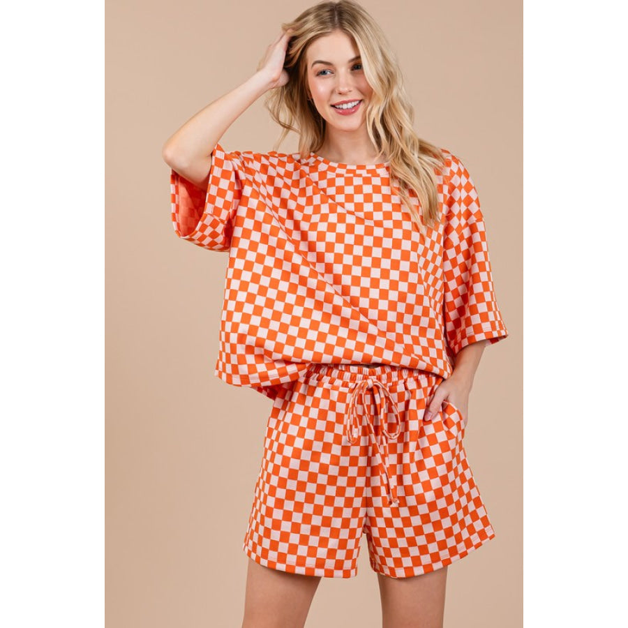 Ces Femme Checkered Round Neck Top and Shorts Set Orange / S Apparel and Accessories