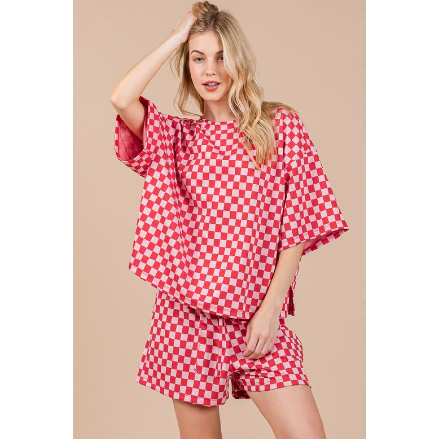 Ces Femme Checkered Round Neck Top and Shorts Set Red / S Apparel and Accessories