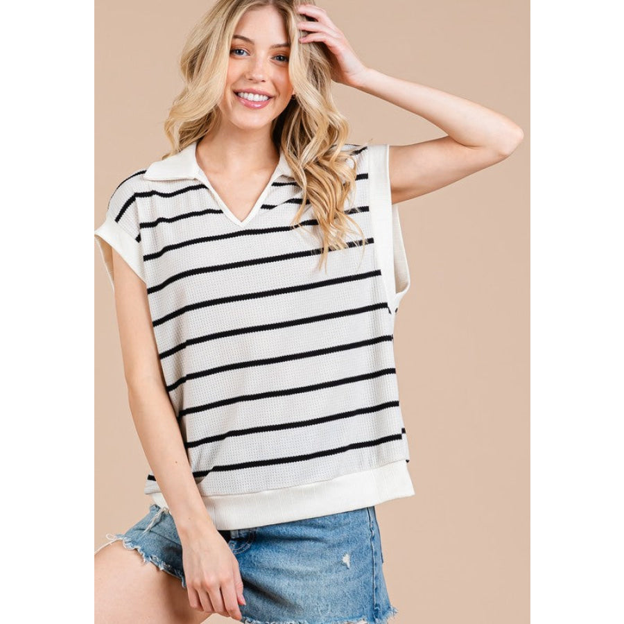 Ces Femme Collared Neck Contrast Striped Sweater Vest Apparel and Accessories