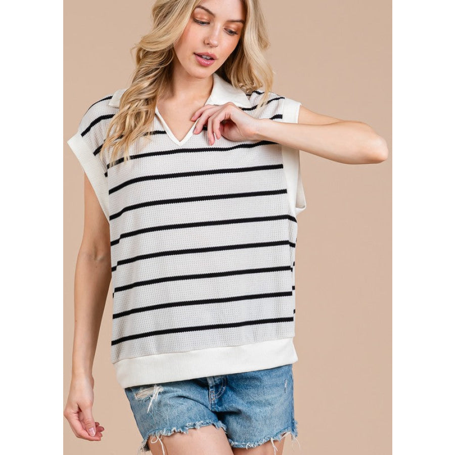 Ces Femme Collared Neck Contrast Striped Sweater Vest Apparel and Accessories