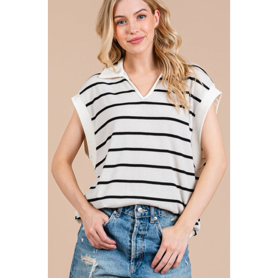 Ces Femme Collared Neck Contrast Striped Sweater Vest Black/White / S Apparel and Accessories