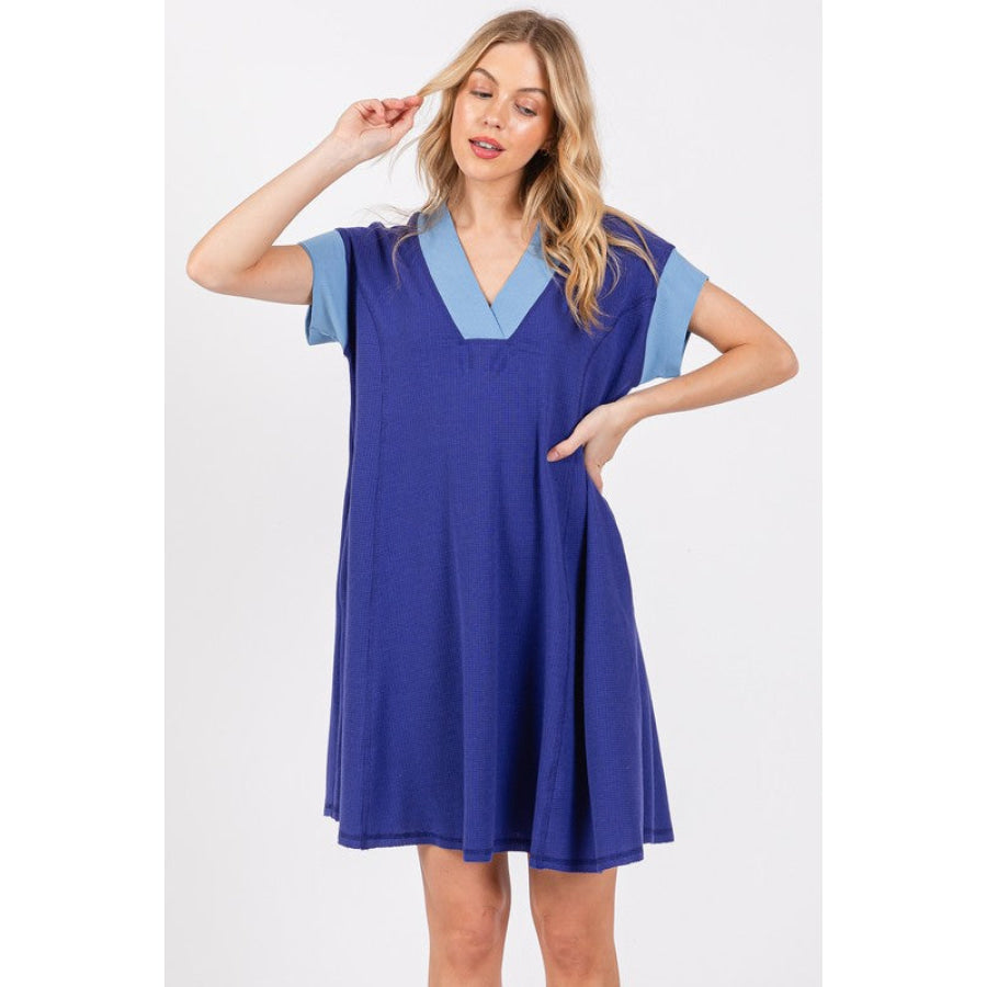 Ces Femme Contrast Trim V-Neck Short Sleeve Dress Apparel and Accessories