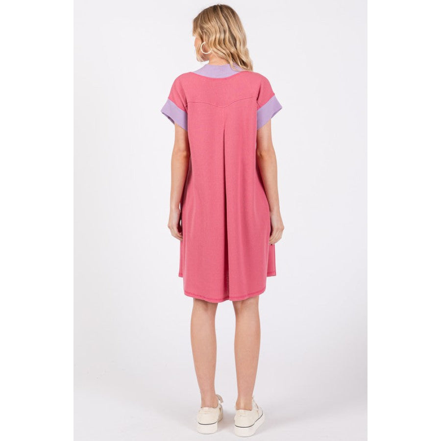 Ces Femme Contrast Trim V-Neck Short Sleeve Dress Apparel and Accessories