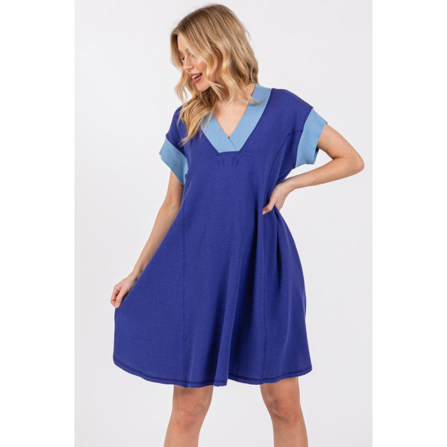 Ces Femme Contrast Trim V-Neck Short Sleeve Dress Apparel and Accessories