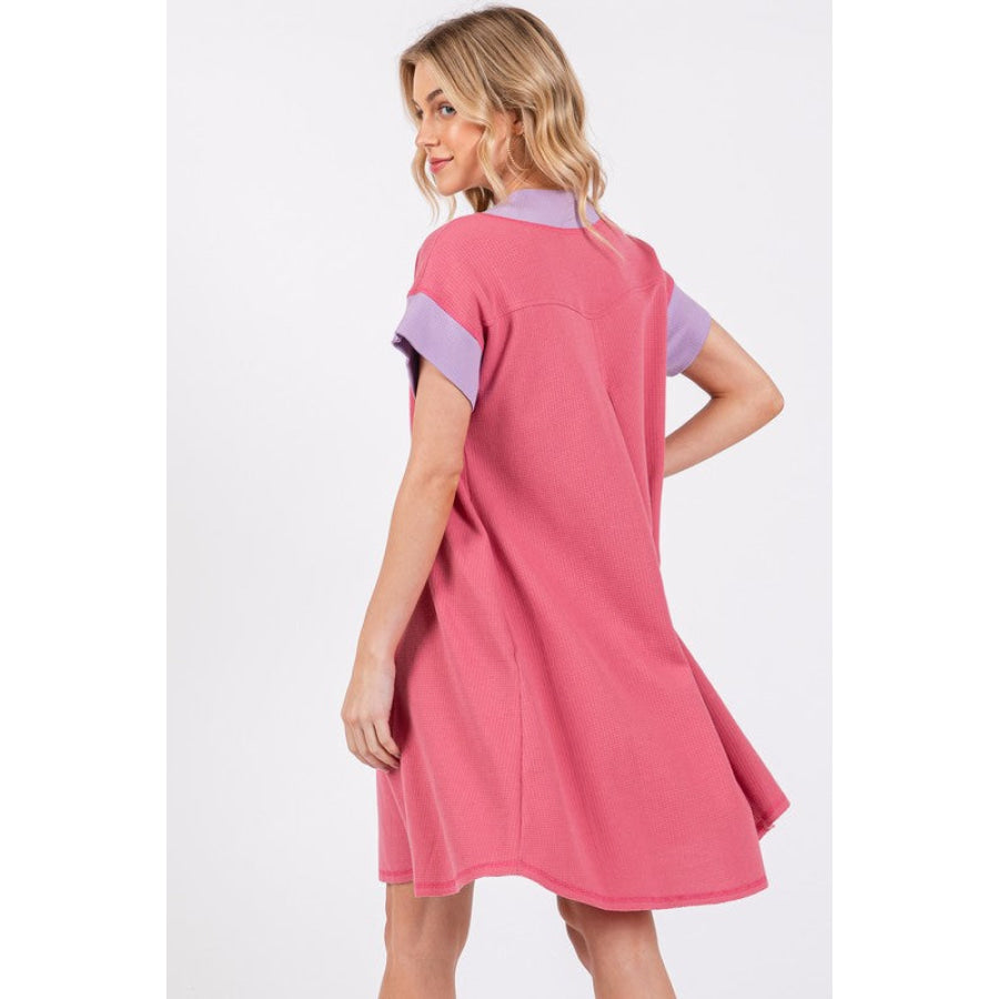 Ces Femme Contrast Trim V-Neck Short Sleeve Dress Apparel and Accessories