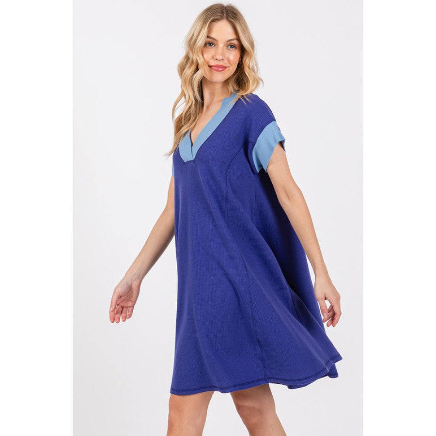 Ces Femme Contrast Trim V-Neck Short Sleeve Dress Apparel and Accessories