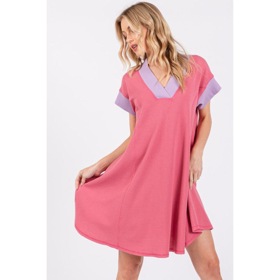 Ces Femme Contrast Trim V-Neck Short Sleeve Dress Apparel and Accessories