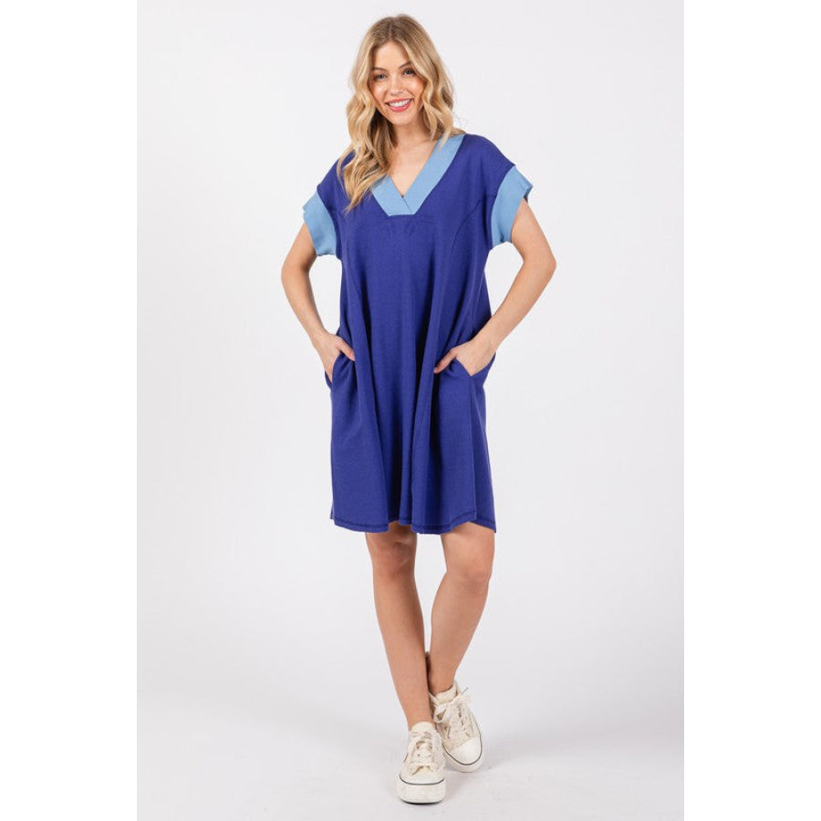 Ces Femme Contrast Trim V-Neck Short Sleeve Dress Apparel and Accessories