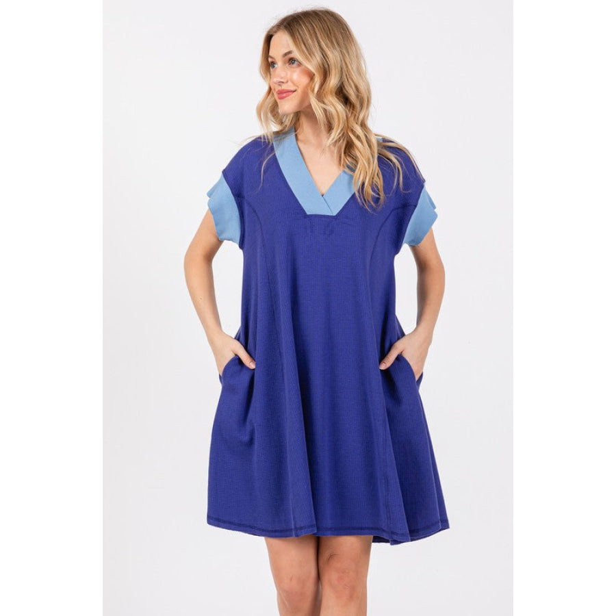 Ces Femme Contrast Trim V-Neck Short Sleeve Dress Dark Blue / S Apparel and Accessories