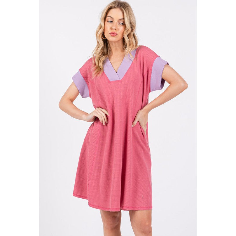 Ces Femme Contrast Trim V-Neck Short Sleeve Dress Strawberry / S Apparel and Accessories