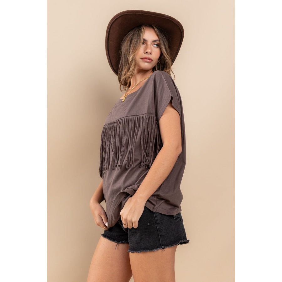 Ces Femme Fringe Detail Round Neck Short Sleeve Top Apparel and Accessories