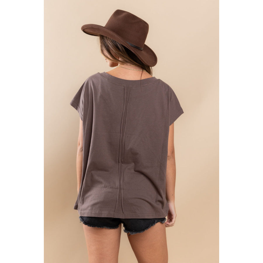 Ces Femme Fringe Detail Round Neck Short Sleeve Top CHARCOAL / S Apparel and Accessories