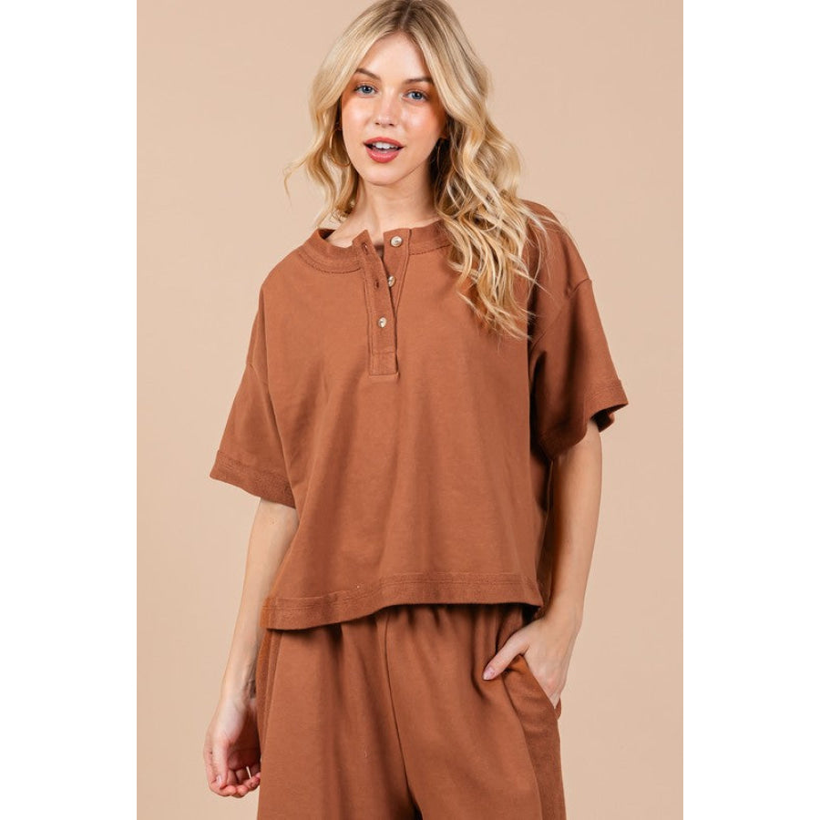 Ces Femme Half Button Half Sleeve Top and Pants Set Caramel / S Apparel and Accessories