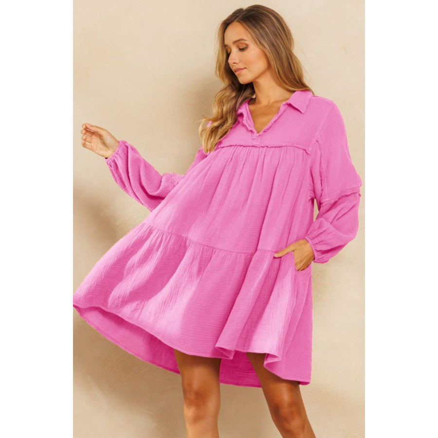 Ces Femme Johnny Collar Balloon Sleeve Mini Dress Pink / S Apparel and Accessories