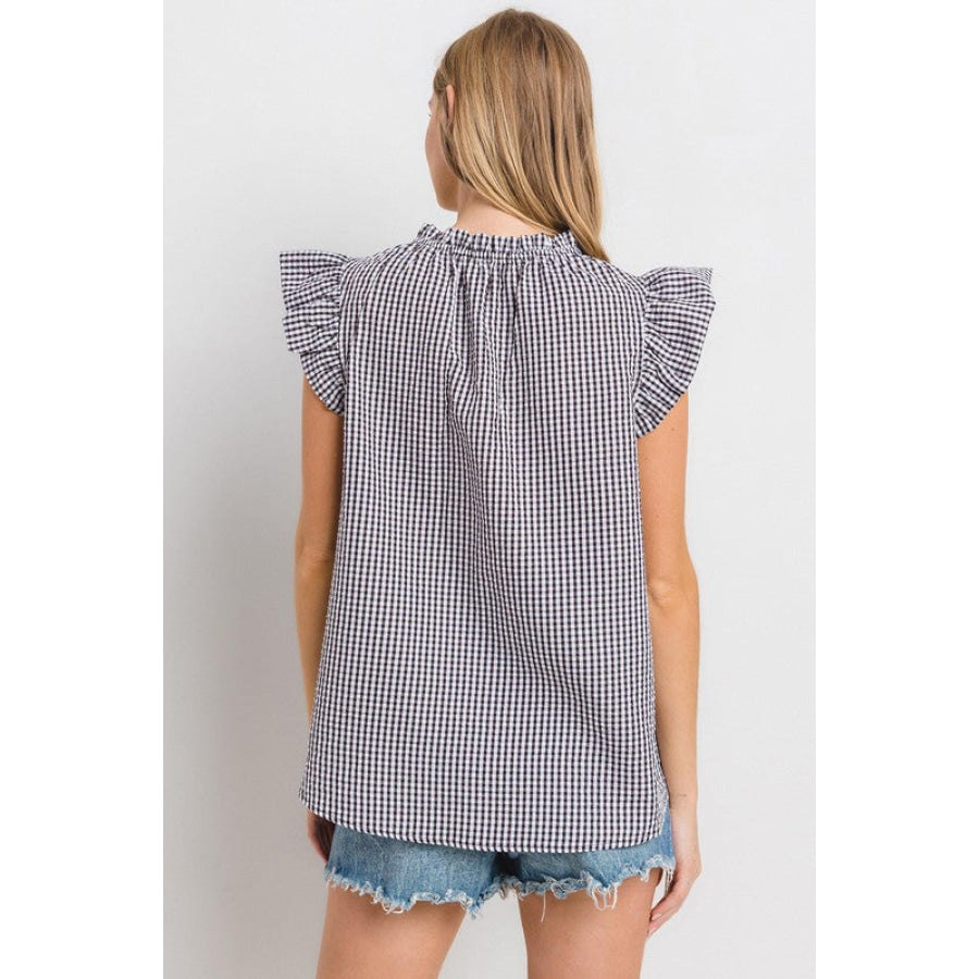 Ces Femme Plaid Notched Ruffled Cap Sleeve Blouse Apparel and Accessories