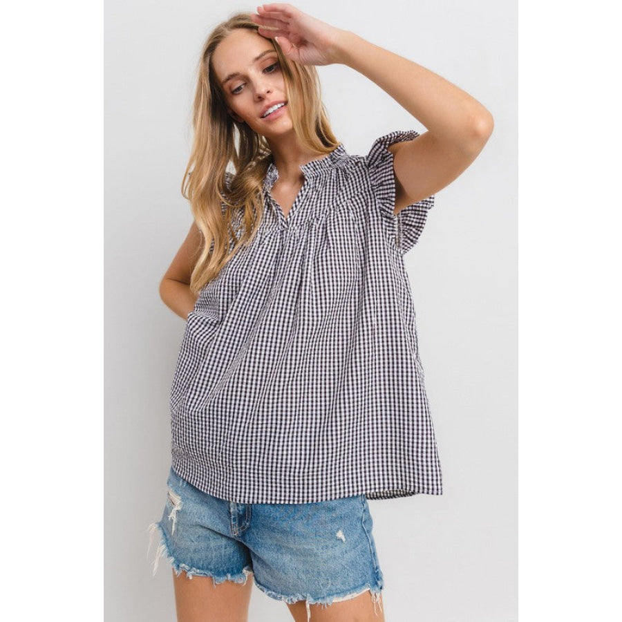 Ces Femme Plaid Notched Ruffled Cap Sleeve Blouse Apparel and Accessories