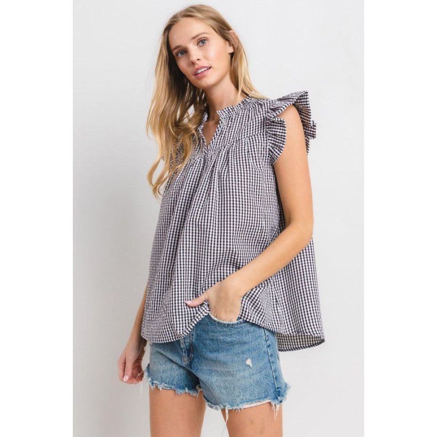 Ces Femme Plaid Notched Ruffled Cap Sleeve Blouse Apparel and Accessories