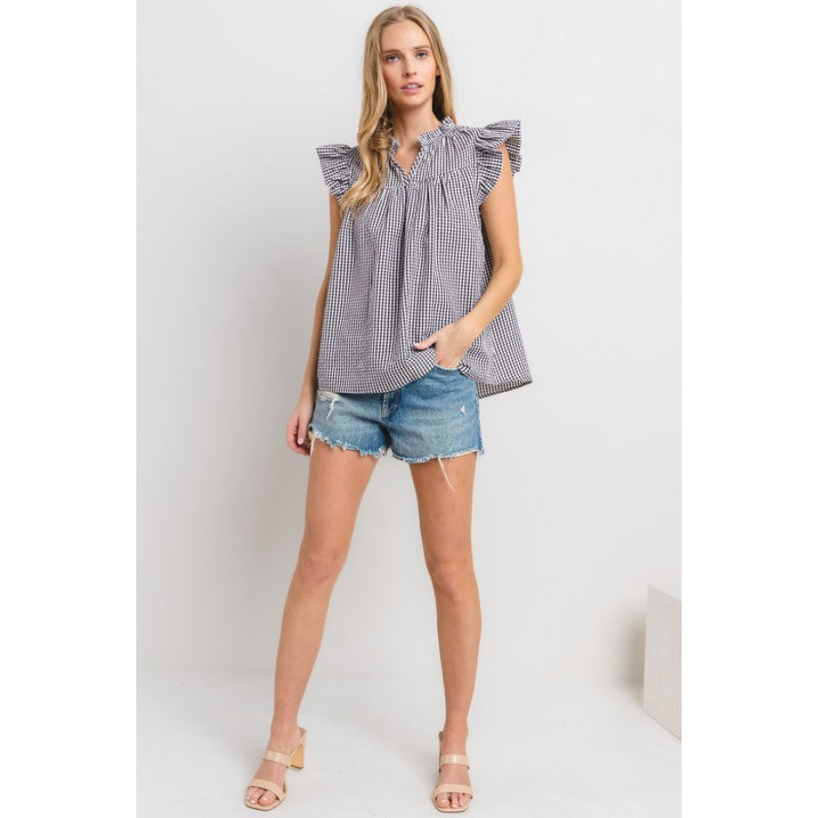 Ces Femme Plaid Notched Ruffled Cap Sleeve Blouse Apparel and Accessories