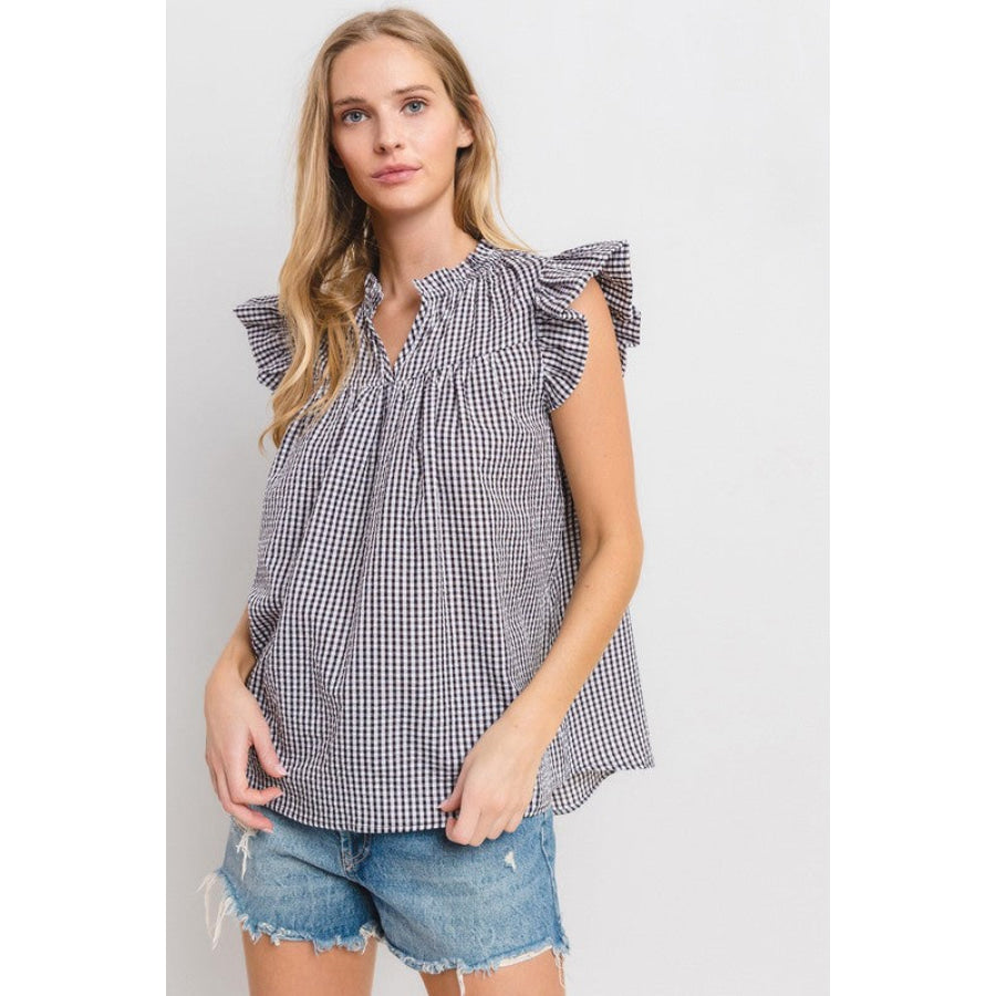 Ces Femme Plaid Notched Ruffled Cap Sleeve Blouse Apparel and Accessories