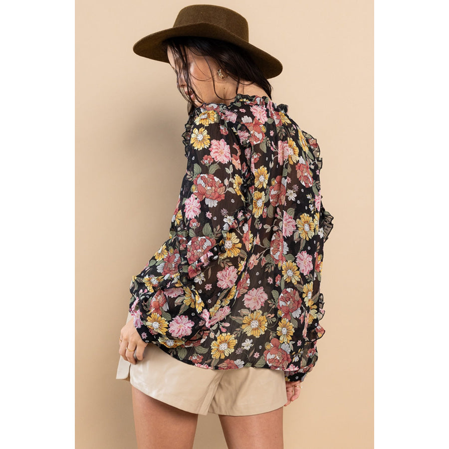 Ces Femme Ruffle Trim Long Sleeve Floral Blouse Apparel and Accessories