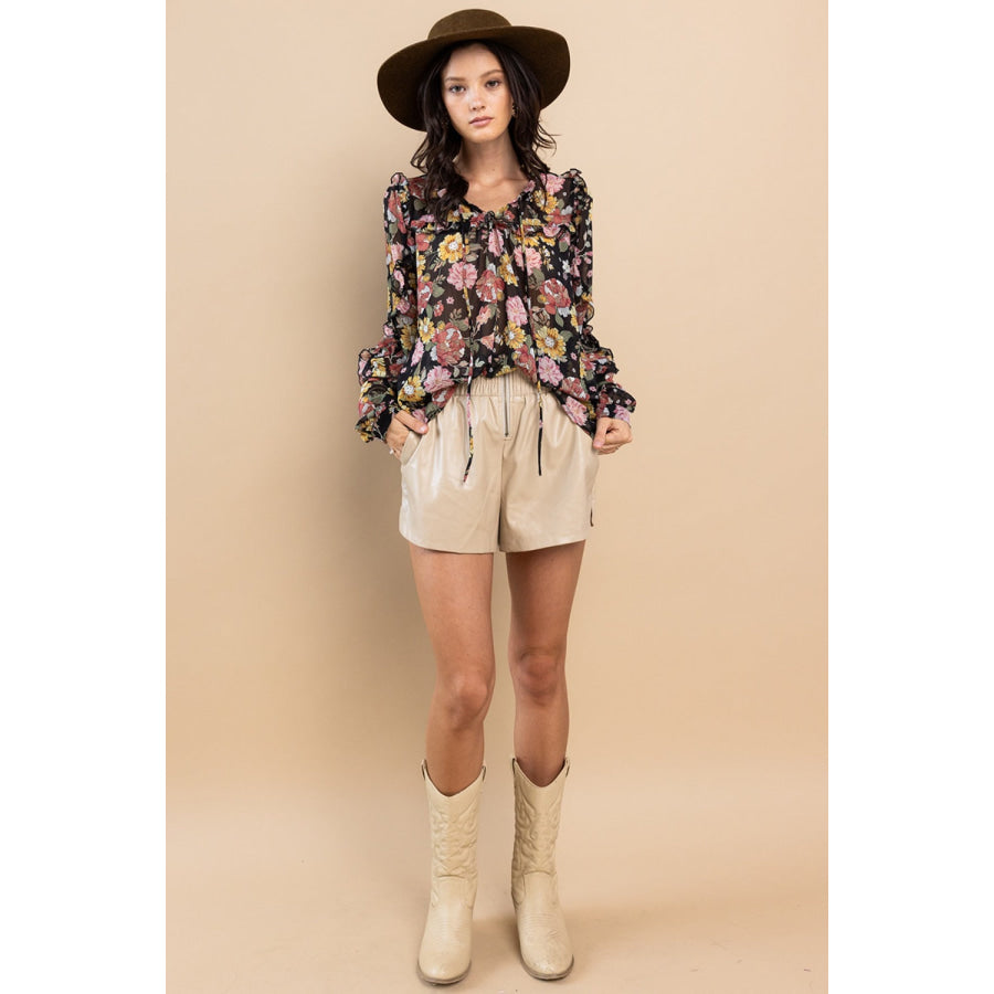 Ces Femme Ruffle Trim Long Sleeve Floral Blouse Apparel and Accessories