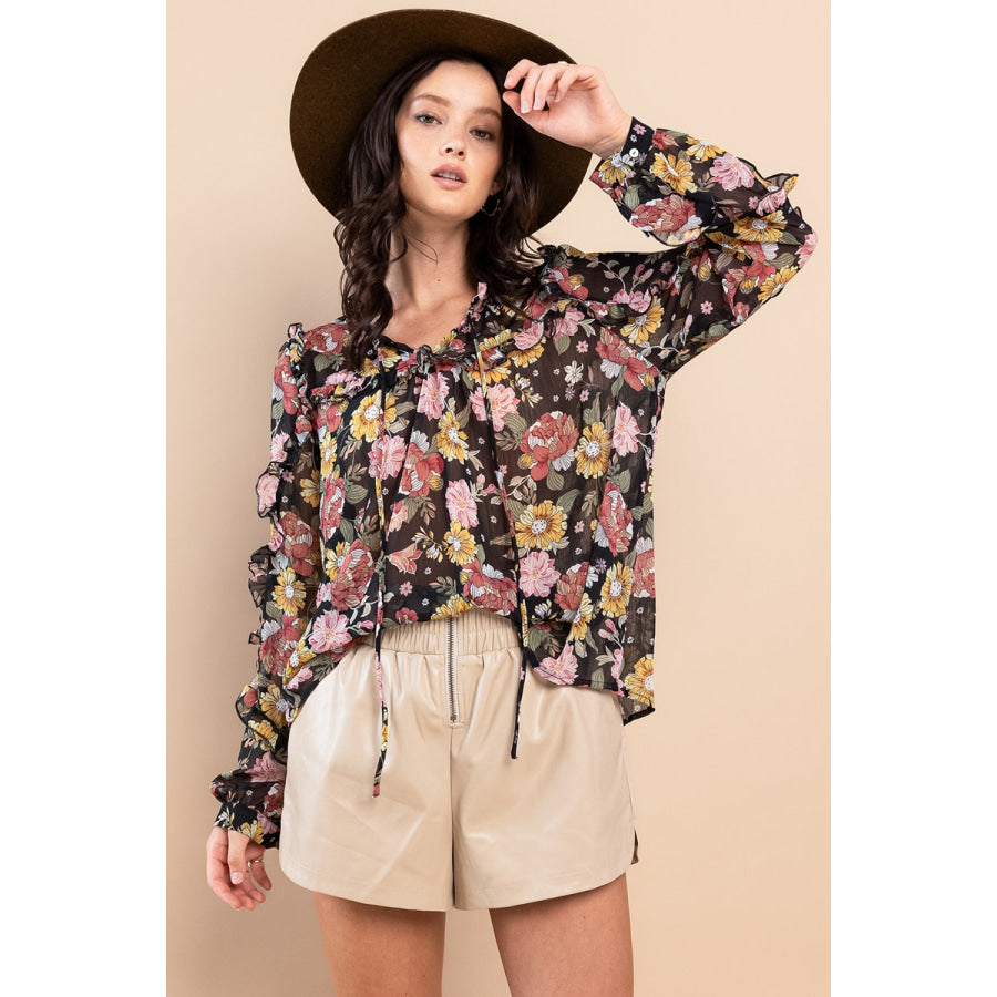 Ces Femme Ruffle Trim Long Sleeve Floral Blouse Apparel and Accessories