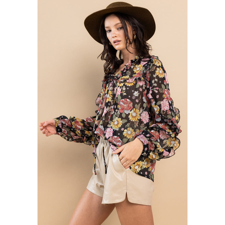 Ces Femme Ruffle Trim Long Sleeve Floral Blouse Apparel and Accessories