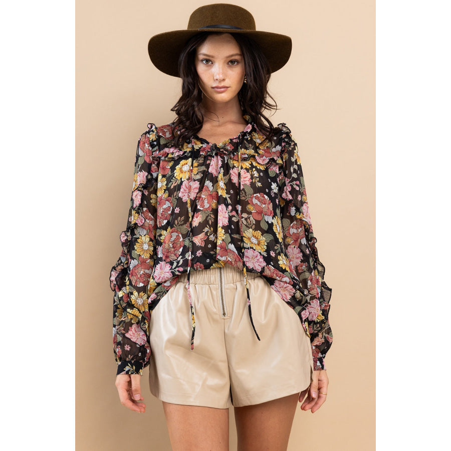 Ces Femme Ruffle Trim Long Sleeve Floral Blouse / S Apparel and Accessories