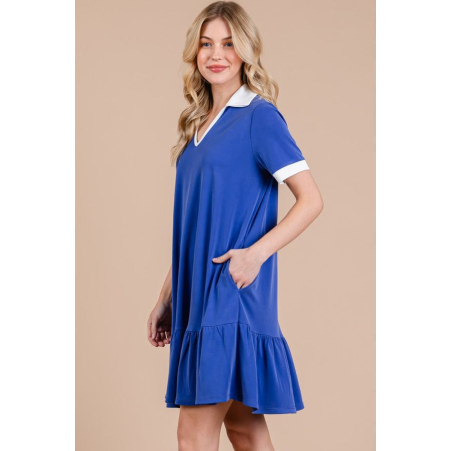 Ces Femme Ruffled Hem Johnny Collar Short Sleeve Dress Apparel and Accessories