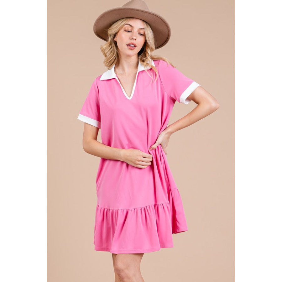 Ces Femme Ruffled Hem Johnny Collar Short Sleeve Dress Apparel and Accessories