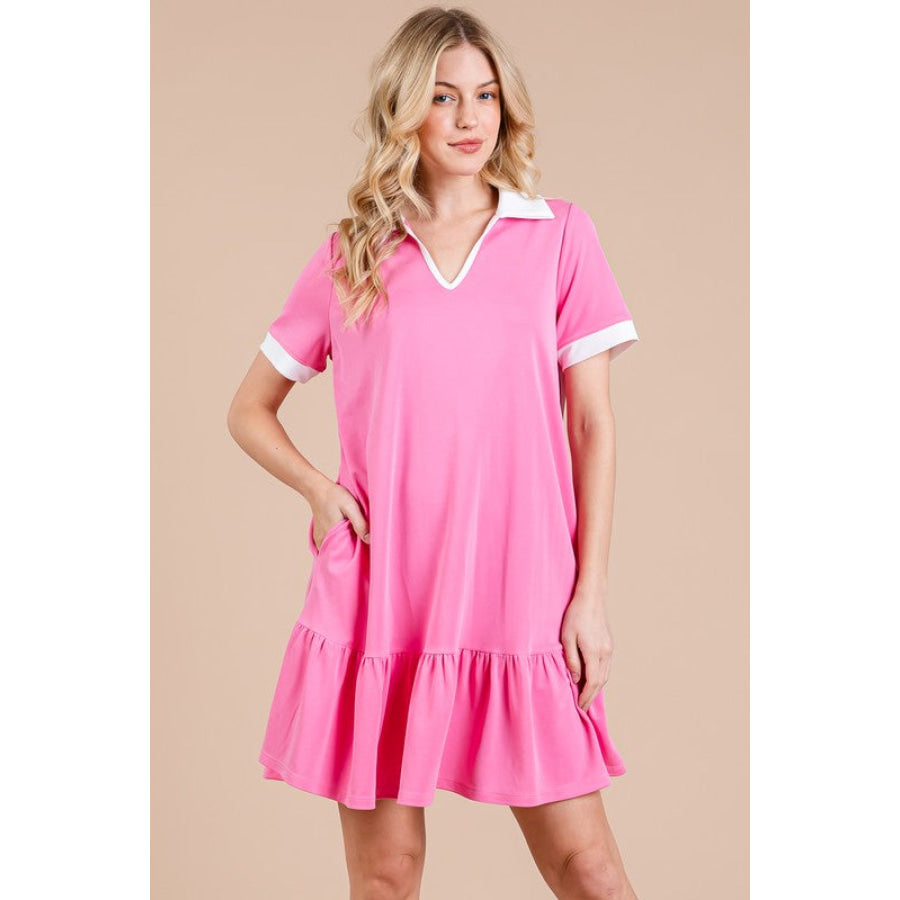 Ces Femme Ruffled Hem Johnny Collar Short Sleeve Dress Fuchsia Pink / S Apparel and Accessories