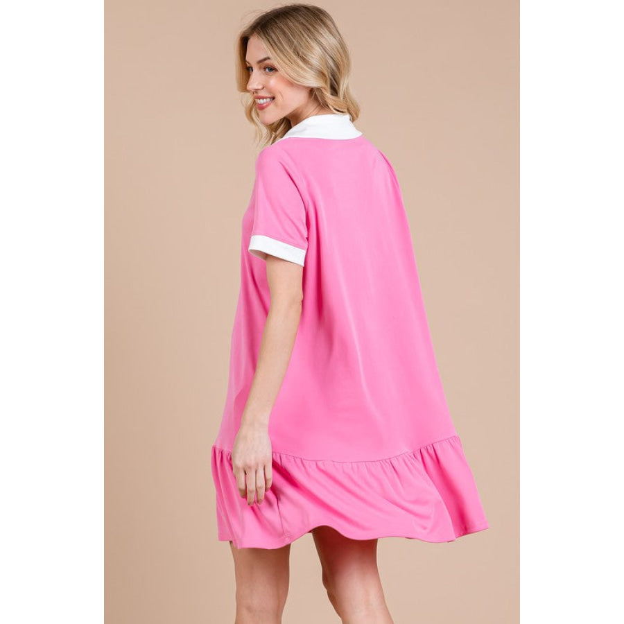 Ces Femme Ruffled Hem Johnny Collar Short Sleeve Dress Apparel and Accessories