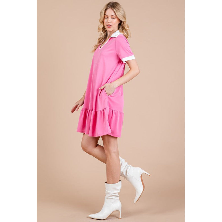 Ces Femme Ruffled Hem Johnny Collar Short Sleeve Dress Apparel and Accessories