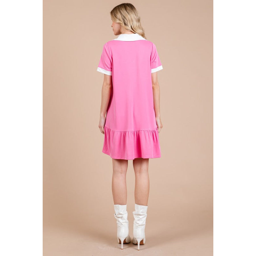 Ces Femme Ruffled Hem Johnny Collar Short Sleeve Dress Apparel and Accessories