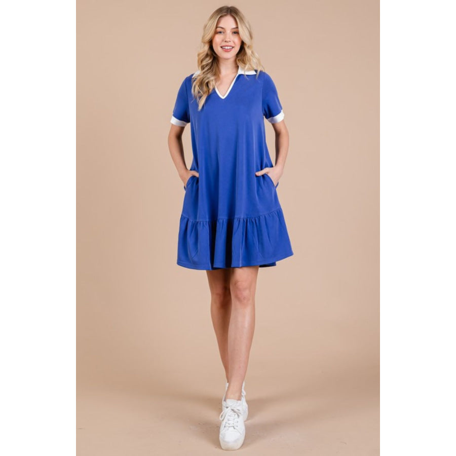 Ces Femme Ruffled Hem Johnny Collar Short Sleeve Dress Apparel and Accessories