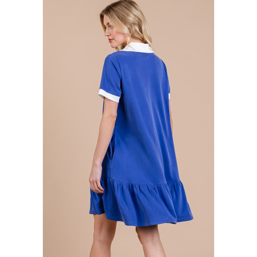 Ces Femme Ruffled Hem Johnny Collar Short Sleeve Dress Apparel and Accessories