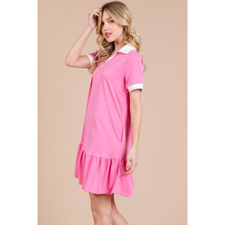 Ces Femme Ruffled Hem Johnny Collar Short Sleeve Dress Apparel and Accessories