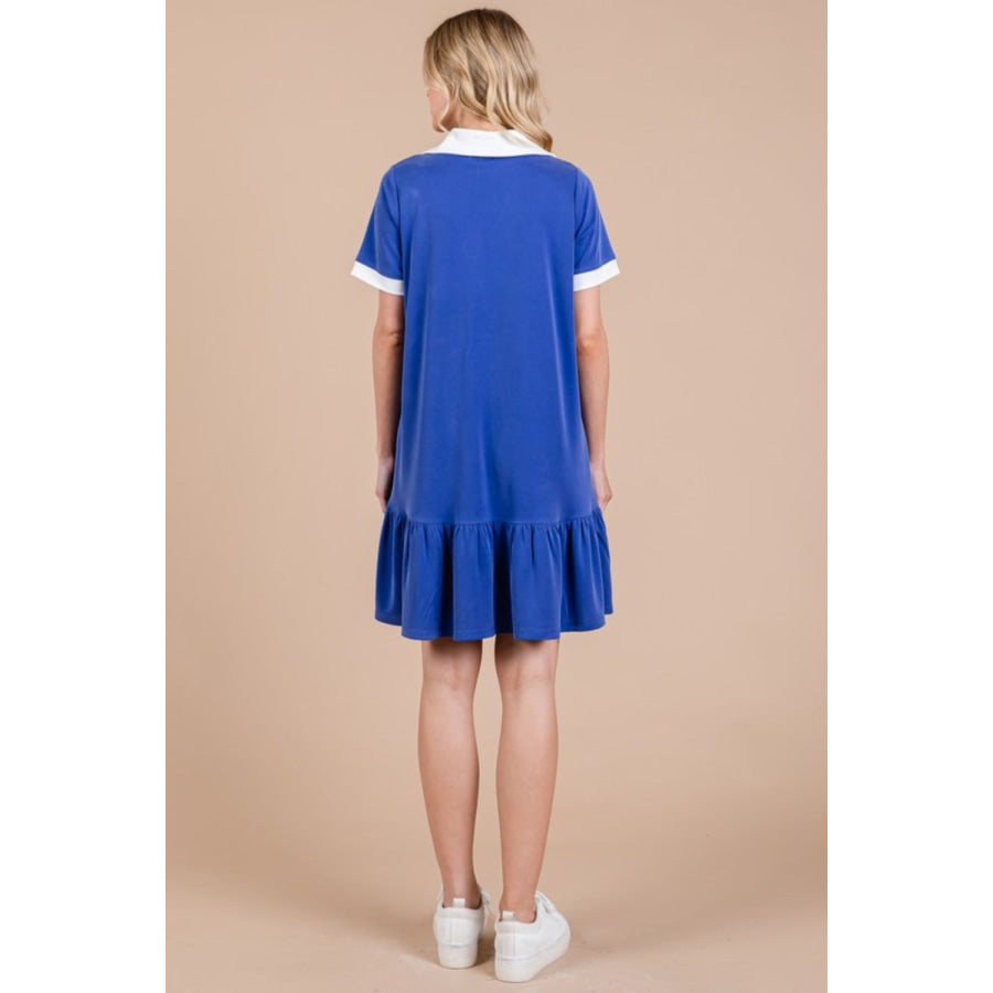 Ces Femme Ruffled Hem Johnny Collar Short Sleeve Dress Apparel and Accessories