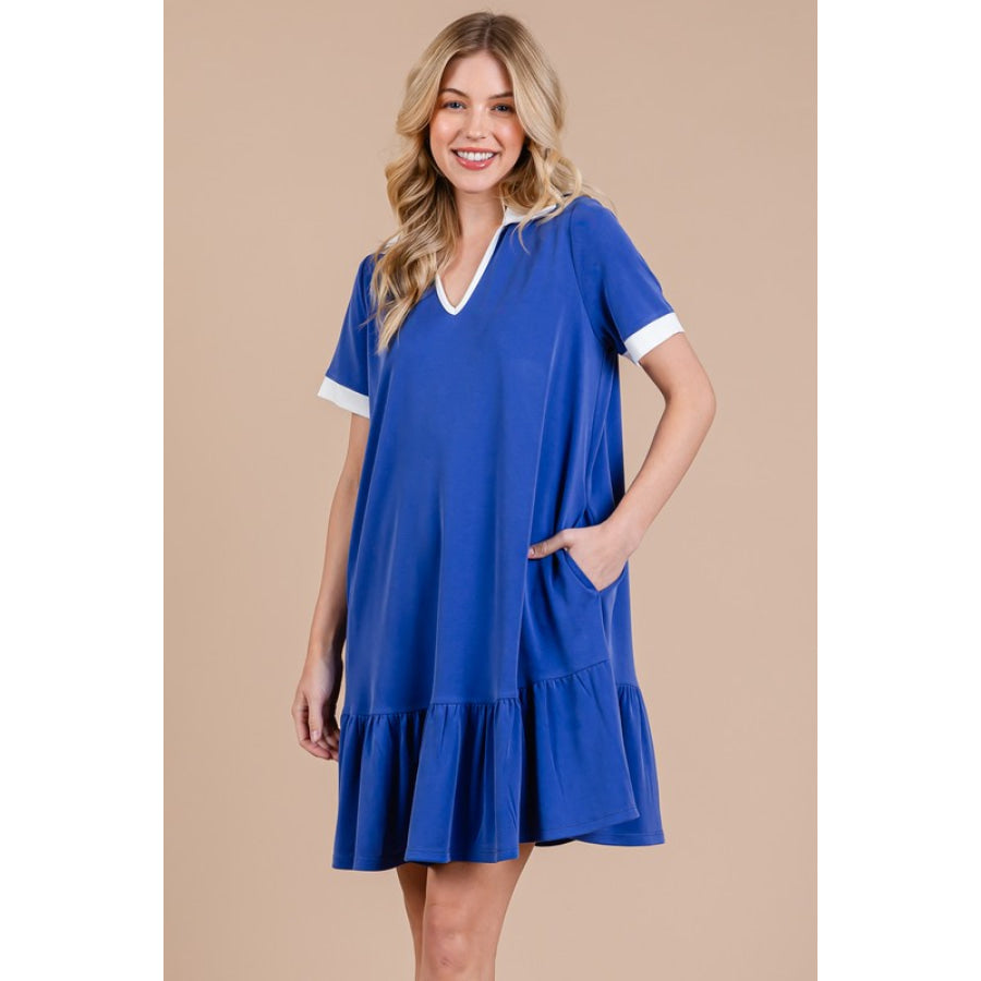 Ces Femme Ruffled Hem Johnny Collar Short Sleeve Dress Royal Blue / S Apparel and Accessories