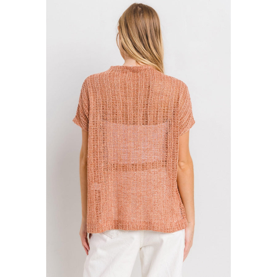 Ces Femme See Through Crochet Mock Neck Cover Up Rust / S Apparel and Accessories