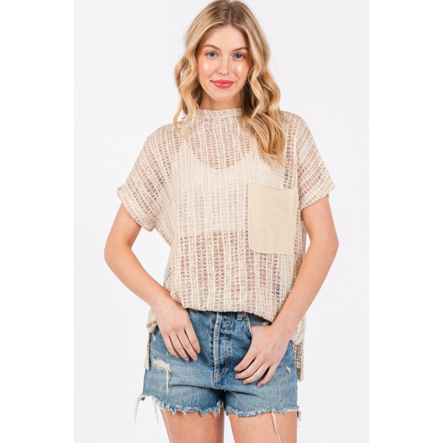 Ces Femme See Through Crochet Mock Neck Cover Up Apparel and Accessories