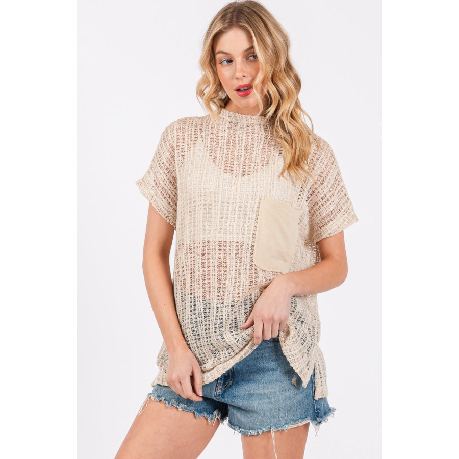 Ces Femme See Through Crochet Mock Neck Cover Up Oatmeal / S Apparel and Accessories