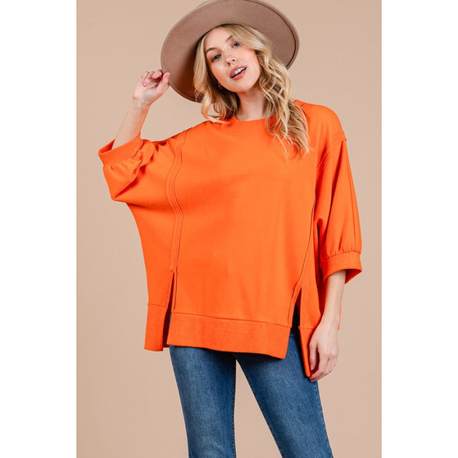 Ces Femme Side Slit Drop Shoulder Puff Sleeve Sweatshirt Orange / S Apparel and Accessories