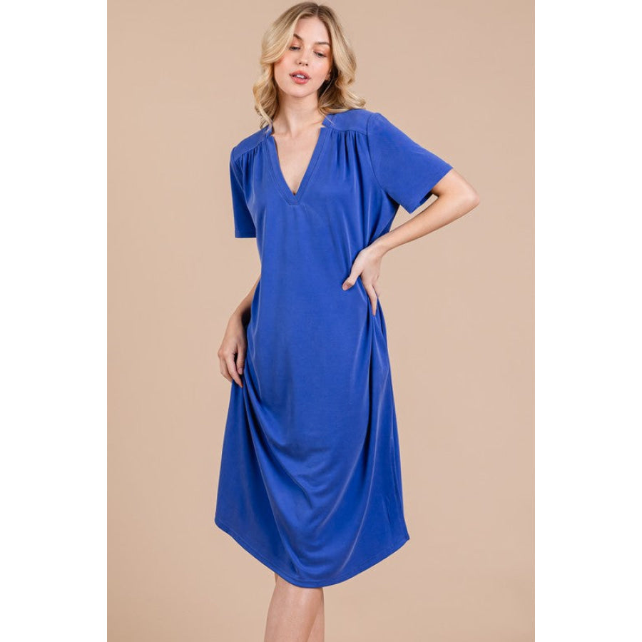 Ces Femme Side Slit Short Sleeve Midi Dress with Pockets Apparel and Accessories